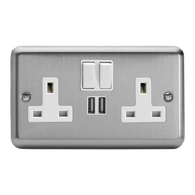 Varilight XS5U2SW Classic Matt Chrome 2 Gang Double 13A Switched Plug Socket 2.1A USB