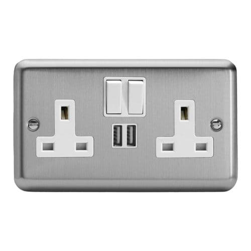 Varilight XS5U2SW Classic Matt Chrome 2 Gang Double 13A Switched Plug Socket 2.1A USB