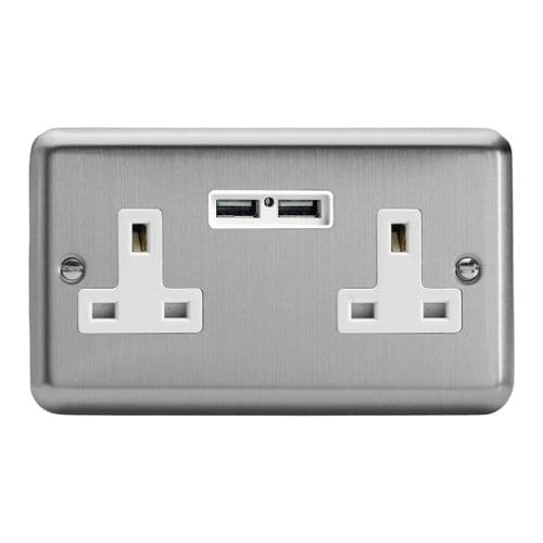 Varilight XS5U2W Classic Matt Chrome 2 Gang Double 13A Unswitched Plug Socket 2.1A USB