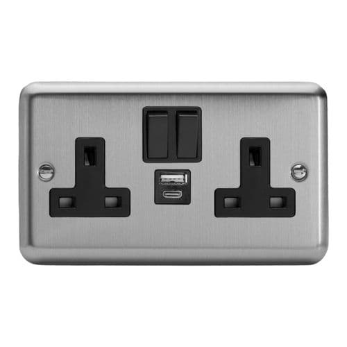 Varilight XS5UACB Classic Matt Chrome 2 Gang Double 13A Plug Socket 3.1A 20W USB A + C