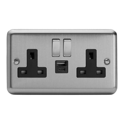 Varilight XS5UACDB Classic Matt Chrome 2 Gang 13A USB A+C Plug Socket