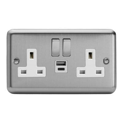 Varilight XS5UACDW Classic Matt Chrome 2 Gang 13A USB A+C Plug Socket
