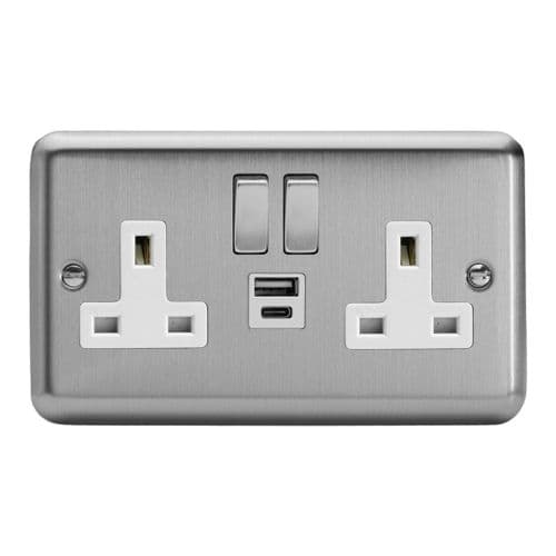 Varilight XS5UACDW Classic Matt Chrome 2 Gang 13A USB A+C Plug Socket