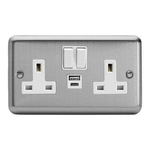 Varilight XS5UACW Classic Matt Chrome 2 Gang Double 13A Plug Socket 3.1A 20W USB A + C