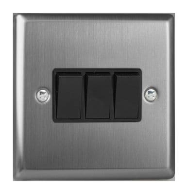 Varilight XT3B Classic Brushed Steel 3 Gang 10A 1 or 2 Way Rocker Light Switch