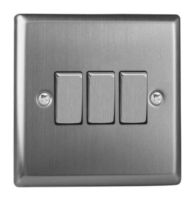 Varilight XT3D Classic Brushed Steel 3 Gang 10A 1 or 2 Way Rocker Light Switch