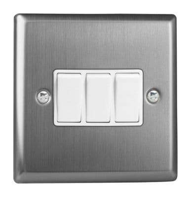 Varilight XT3W Classic Brushed Steel 3 Gang 10A 1 or 2 Way Rocker Light Switch