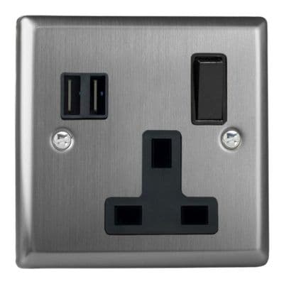 Varilight XT4U2SB Classic Brushed Steel 1 Gang 13A Single Pole Switched USB Socket