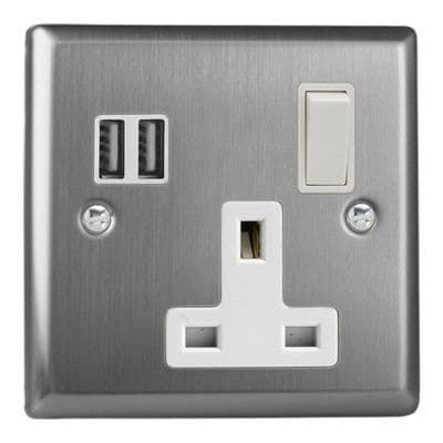 Varilight XT4U2SW Classic Brushed Steel 1 Gang 13A Single Pole Switched USB Socket