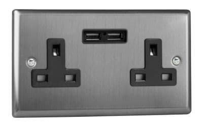 Varilight XT5U2B Classic Brushed Steel 2 Gang Double 13A Unswitched Plug Socket 2.1A USB