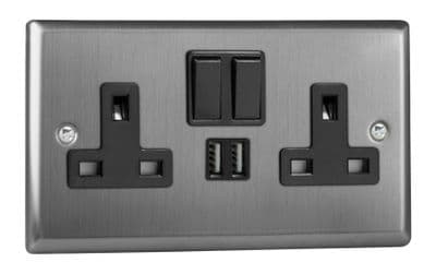 Varilight XT5U2SB Classic Brushed Steel 2 Gang Double 13A Switched Plug Socket 2.1A USB
