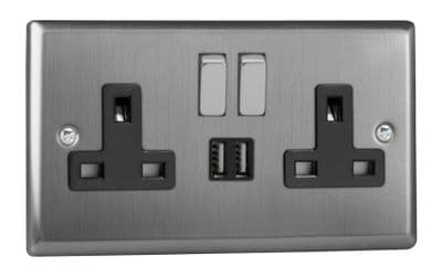Varilight XT5U2SDB Classic Brushed Steel 2 Gang Double 13A Switched Plug Socket 2.1A USB