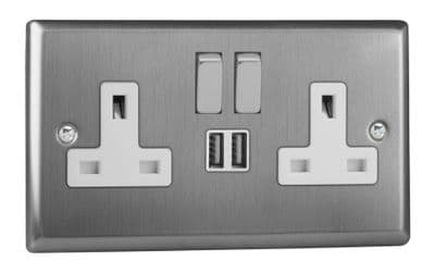 Varilight XT5U2SDW Classic Brushed Steel 2 Gang Double 13A Switched Plug Socket 2.1A USB
