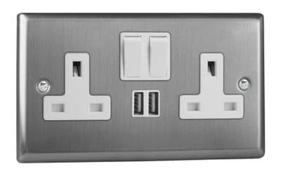 Varilight XT5U2SW Classic Brushed Steel 2 Gang Double 13A Switched Plug Socket 2.1A USB