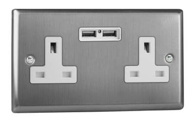 Varilight XT5U2W Classic Brushed Steel 2 Gang Double 13A Unswitched Plug Socket 2.1A USB