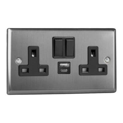 Varilight XT5UACB Classic Brushed Steel 2 Gang Double 13A Plug Socket 3.1A 20W USB A + C
