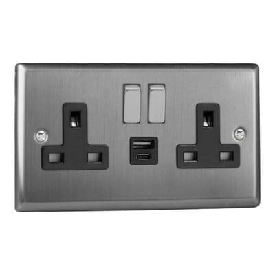 Varilight XT5UACDB Classic Brushed Steel 2 Gang 13A USB A+C Plug Socket