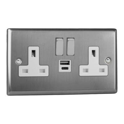 Varilight XT5UACDW Classic Brushed Steel 2 Gang 13A USB A+C Plug Socket