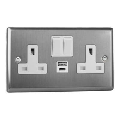 Varilight XT5UACW Classic Brushed Steel 2 Gang Double 13A Plug Socket 3.1A 20W USB A + C