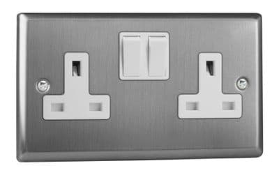 Varilight XT5W Classic Brushed Steel 2 Gang Double 13A Switched Plug Socket