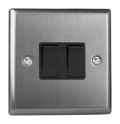 Varilight XT71B Classic Brushed Steel 2 Gang 10A Rocker Light Switch (1 x Intermediate 1 x 2W)