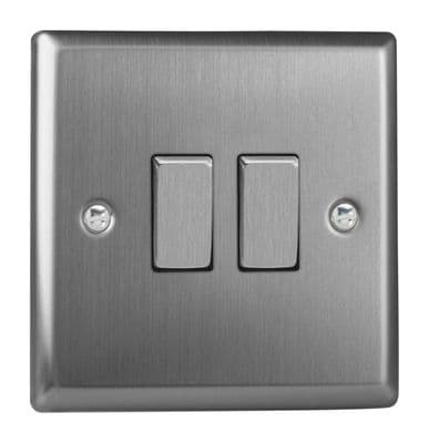 Varilight XT71D Classic Brushed Steel 2 Gang 10A Rocker Light Switch (1 x Intermediate 1 x 2W)