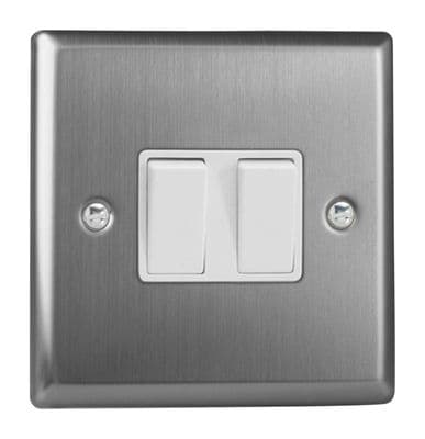 Varilight XT77W Classic Brushed Steel 2 Gang 10A Intermediate Rocker Light Switch