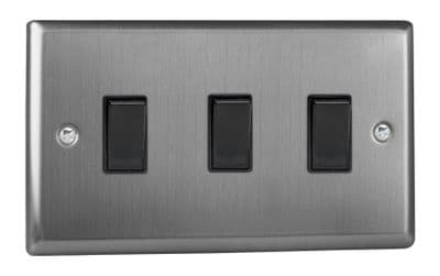 Varilight XT93B Classic Brushed Steel 3 Gang 10A 1 or 2 Way Rocker Light Switch (Twin Plate)