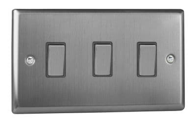 Varilight XT93D Classic Brushed Steel 3 Gang 10A 1 or 2 Way Rocker Light Switch (Twin Plate)