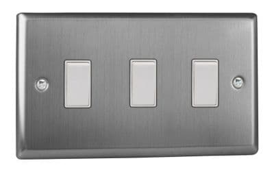 Varilight XT93W Classic Brushed Steel 3 Gang 10A 1 or 2 Way Rocker Light Switch (Twin Plate)