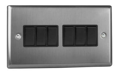 Varilight XT96B Classic Brushed Steel 6 Gang 10A 1 or 2 Way Rocker Light Switch