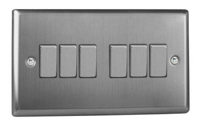 Varilight XT96D Classic Brushed Steel 6 Gang 10A 1 or 2 Way Rocker Light Switch