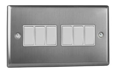 Varilight XT96W Classic Brushed Steel 6 Gang 10A 1 or 2 Way Rocker Light Switch