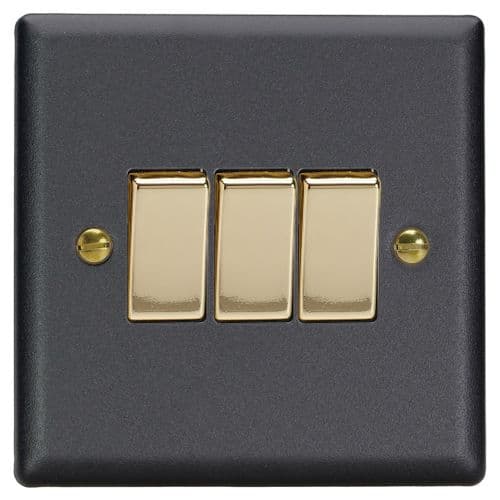 Varilight XY3V.MB Vogue Matt Black 3 Gang 10A 2 Way Rocker Light Switch
