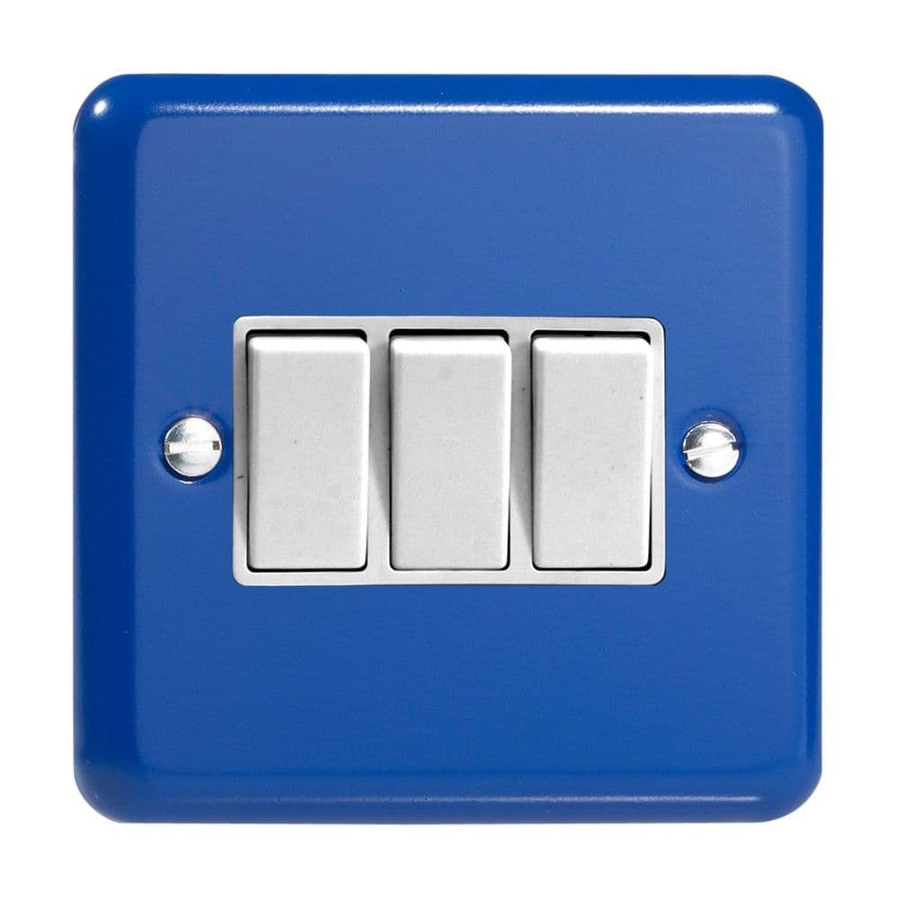 Varilight XY3W.RB Lily Primary Reflex Blue 3 Gang 10A 1 or 2 Way Rocker Light Switch