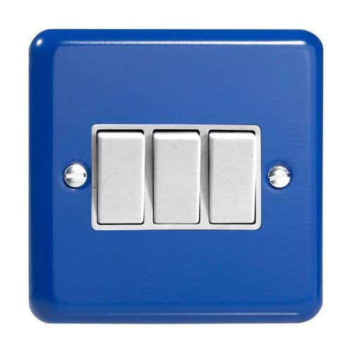 Varilight XY3W.RB Lily Primary Reflex Blue 3 Gang 10A 1 or 2 Way Rocker Light Switch