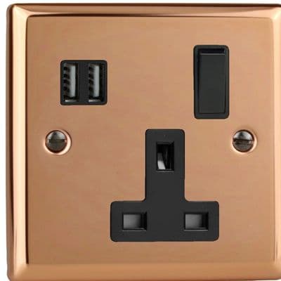 Varilight XY4U2SB.CU Urban Polished Copper 1 Gang 13A Single Switched Plug Socket With USB