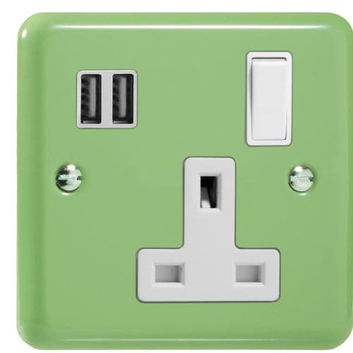 Varilight XY4U2SW.BG Beryl Green 1 Gang 13A Socket 2 x 17W USB A