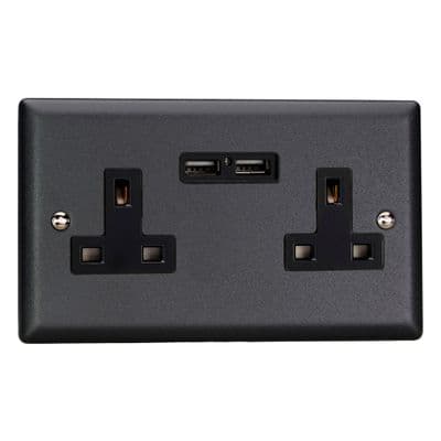 Varilight XY5U2B.MB Urban Matt Black 2 Gang Double 13A Unswitched Plug Socket 2.1A USB