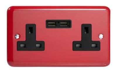 Varilight XY5U2B.PR Lily Primary Pillar Box Red 2 Gang Double 13A Unswitched Plug Socket 2.1A USB