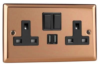 Varilight XY5U2SB.CU Urban Polished Copper 2 Gang Double 13A Switched Plug Socket 2.1A USB