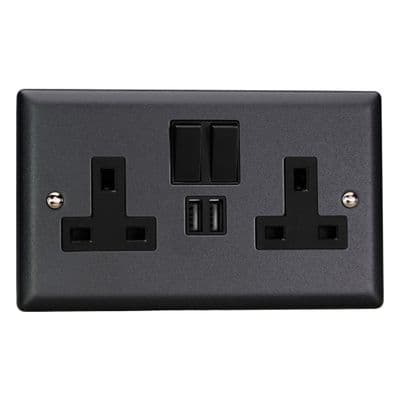 Varilight XY5U2SB.MB Urban Matt Black 2 Gang Double 13A Switched Plug Socket 2.1A USB