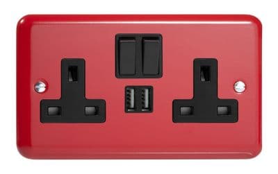 Varilight XY5U2SB.PR Lily Primary Pillar Box Red 2 Gang Double 13A Switched Plug Socket 2.1A USB
