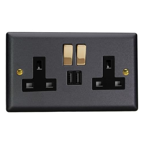 Varilight XY5U2SVB.MB Vogue Matt Black 2 Gang 13A Single Pole Switched USB Socket