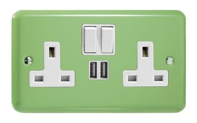 Varilight XY5U2SW.BG Lily Pastel Beryl Green 2 Gang Double 13A Switched Plug Socket 2.1A USB