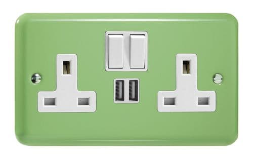 Varilight XY5U2SW.BG Lily Pastel Beryl Green 2 Gang Double 13A Switched Plug Socket 2.1A USB