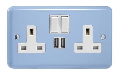 Varilight XY5U2SW.DB Lily Pastel Duck Egg Blue 2 Gang Double 13A Switched Plug Socket 2.1A USB