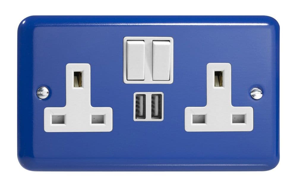 Varilight XY5U2SW.RB Lily Primary Reflex Blue 2 Gang Double 13A Switched Plug Socket 2.1A USB