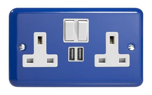 Varilight XY5U2SW.RB Lily Primary Reflex Blue 2 Gang Double 13A Switched Plug Socket 2.1A USB