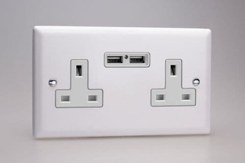 Varilight XY5U2W.CW Urban Chalk White 2 Gang 13A Unswitched Socket + 2 5V DC 2100mA USB Charger